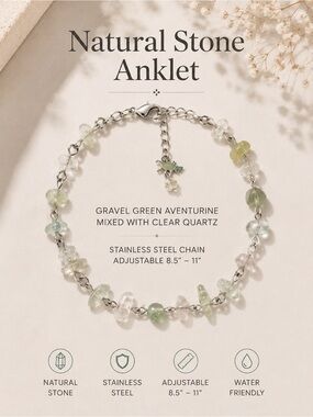 Gravel Green Aventurine and Clear Quartz Anklet — Stainless Steel